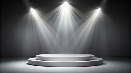 Isolated white podium on a 3D stage with spotlight beam shining on a blank presentation background in a studio.