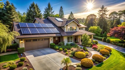 Serene suburban home with solar panels adorning the roof, surrounded by lush greenery and a picturesque driveway, exuding warmth.