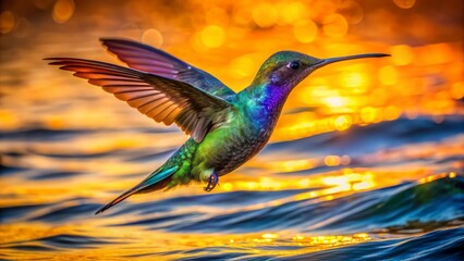 Obraz premium Vibrant, iridescent hummingbird silhouette flies through airy waves, surrounded by radiant colors of orange, green, blue, and purple, evoking freedom.