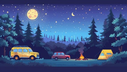 Fototapeta premium Camping, summer outdoor activities, outdoor sports, company team building, paradise, night, aurora, moon, moon appreciation, August 15th, Mid-Autumn Festival, snow mountains, mountains, forests, vacat