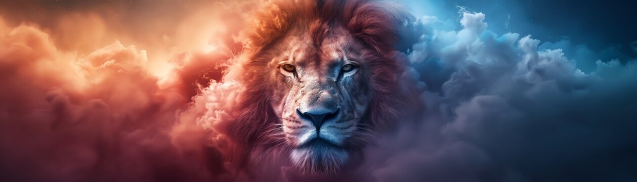 A majestic lion emerges from vibrant clouds, symbolizing strength and power.