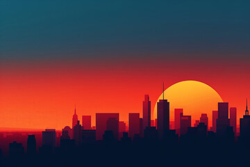 Illustrate a minimalist style cityscape at dusk, merging espionage themes and unexpected camera angles for a dramatic, cinematic effect