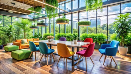 Vibrant and modern urban office setting with multicolored chairs and pillows surrounding wooden table amidst lush greenery and natural light.