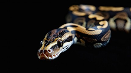 Obraz premium Ball python with piebald pattern against black backdrop