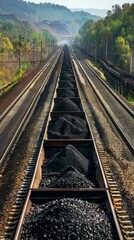 Naklejka premium A train carrying a cargo of coal travels across a railway track, surrounded by lush green hills and a bright blue sky