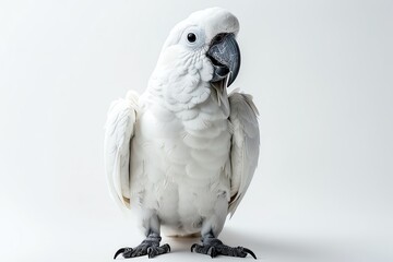 A white cockatoo with black eyes and beak stands on a white background, facing the camera.