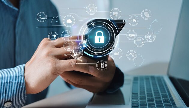 Cybersecurity and privacy concepts to protect data. Businessman use smartphone with cyber security technology for protecting personal data and secure interne