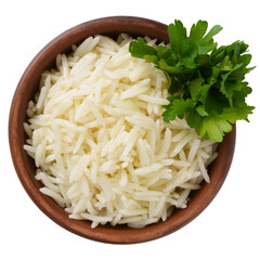 boiled long rice in a bowl, close-up, top view