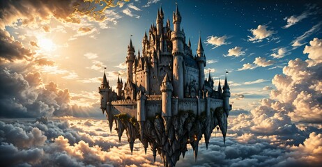 Naklejka premium floating medieval gothic castle palace building floating in the sky in the clouds. fantasy stone towers levitating building.