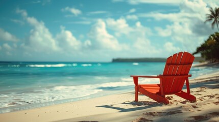 A red beach chair facing the ocean on a sunny day, perfect for relaxation and enjoying the serene coastal view.