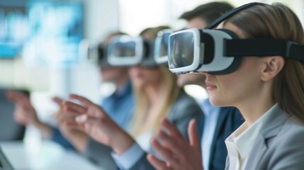 Group of business people using virtual reality headsets, engaged in a collaborative VR experience in a modern office setting.