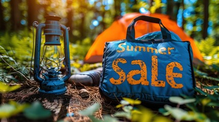 Camping gear set up in a forest, featuring a summer sale sign, highlighting the outdoor adventure and seasonal promotion.