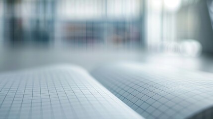Close-up of an open notebook with a grid pattern on its pages, set against a blurred background of an office environment.