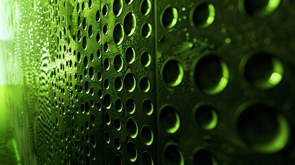 a close up of a green wall with a lot of circles on it and a black background with a green light