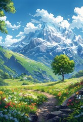 Fototapeta premium 緑の草原と花のある美しい山の風景