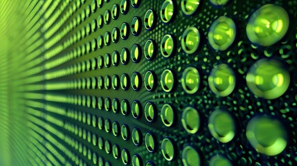 a close up of a green wall with a lot of circles on it and a black background with a green light