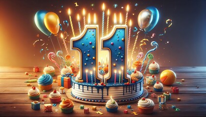 Number 11 Birthday Cake With Balloons And Sprinkles, Colorful Celebration, Festive, Party, 3D Art