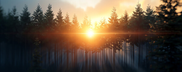 Imagine a tranquil forest bathed in the warm hues of a setting sun, infused with subtle hints of futuristic technology seamlessly integrated into the landscape