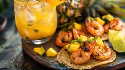 tropical paradise with a zesty pineapple ginger mocktail and savory shrimp tacos garnished with mango salsa