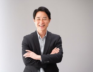 黒いスーツ姿で笑顔で腕組みをする50代の男性コンサルタント 経営者