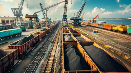 Fototapeta premium A panoramic view of a busy seaport, showcasing cranes loading coal onto train cars. The sun shines brightly overhead, illuminating the bustling activity and the surrounding industrial landscape