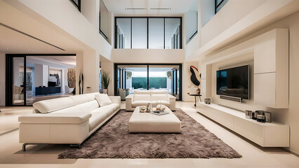 White sofa and tv unit in spacious room. Luxury home interior design of modern living room