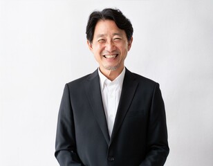 黒いスーツ姿で笑顔で腕組みをする60代の男性コンサルタント 経営者