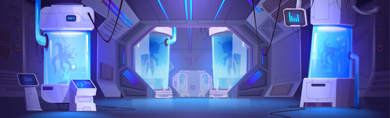 Futuristic science lab with space aliens in cryogenic capsules. Vector cartoon illustration of spaceship hall with computer screens, glass chambers with creatures in liquid substance, game background © klyaksun