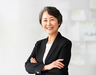 黒いスーツ姿で笑顔で腕組みをする50代の女性実業家
