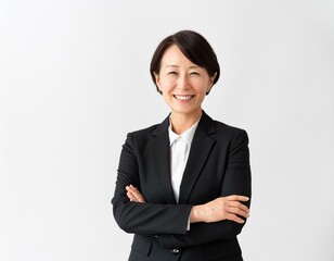 黒いスーツ姿で笑顔で腕組みをする40代の女性実業家