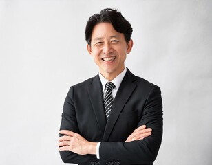 黒いスーツ姿で笑顔で腕組みをする40代の男性経営者