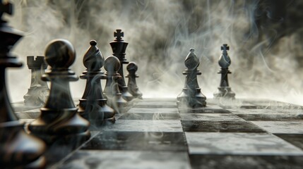 Strategic Chessboard Setup with Smoky Atmosphere, Depicting Decision-Making Process and Strategic Planning for a Move.