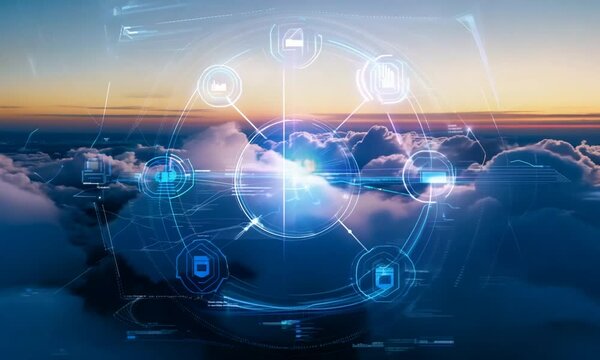 Futuristic Cloud Technology Interface Over Sunset Sky