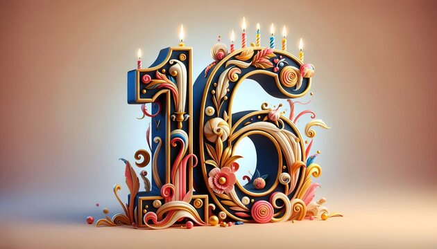 Creative number 16 with intricate designs and vibrant candles, ideal for sweet sixteen celebrations, birthdays, and festive events