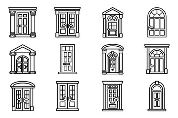 Fototapeta premium isolate black and white front door flat icon set