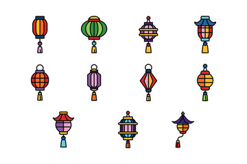 isolate chinese lantern flat icon set