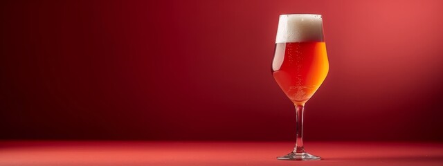  A red table holds a glass with a liquid, while nearby sits another glass, also filled, used for wine