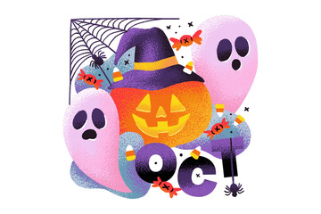 Watercolor Hello October. Hand drawn, vector illustration  