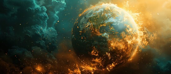 A captivating digital illustration depicting Earth engulfed in fiery flames, surrounded by dramatic clouds in the vastness of space.