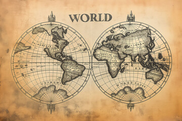 Old world map on aged medieval parchment, depicting great explorations.
