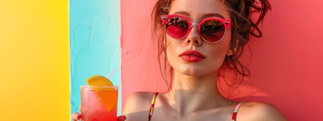 Fototapeta premium A woman, donned in red sunglasses, holds a glass with a vibrant wall as a backdrop and a half lemon nearby