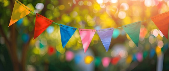 The festive outdoor scene, decorated with colorful flags, creates a bright and joyful atmosphere.