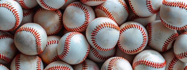  A tight shot of multiple baseballs, white with red pigmentation and intricately stitched in red on their interiors
