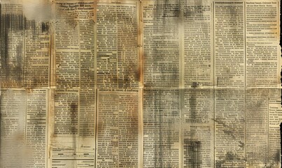 Vintage news background. Textured newsprint collage. Grey newspaper wallpaper. Old dirty paper. Abstract scratch backdrop. Retro grunge pattern