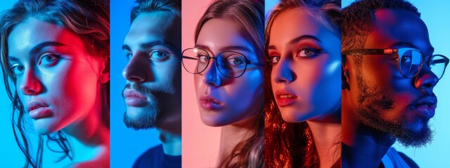 Obraz premium A collage featuring a woman with glasses, a man with a beard, another man with glasses, and a third woman with a beard