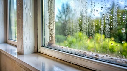 Window drip due to bad ventilation inside house. Condensation on glass during cold weather. High humidity is cause of mold (mildew, mould) on house or building surfaces. Water drop tracks on windows.