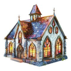 Fototapeta premium 3D Render, Low Poly style of a medieval chapel with stained glass windows, on isolated white background, Generative AI