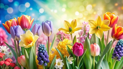 Vibrant colorful spring composition banner on soft light background with blooming flowers tulips daffodils hyacinths and subtle gentle greenery accents.