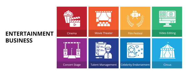 Entertainment Business Glyph Solid Banner Web Icon Set Vector Illustration, Cinema Movie Theater Film Festival Video Editing Concert Stage Talent Management Celebrity Endorsement Circus