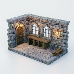 3D Render, Low Poly style of a medieval dungeon cell, on isolated white background, Generative AI